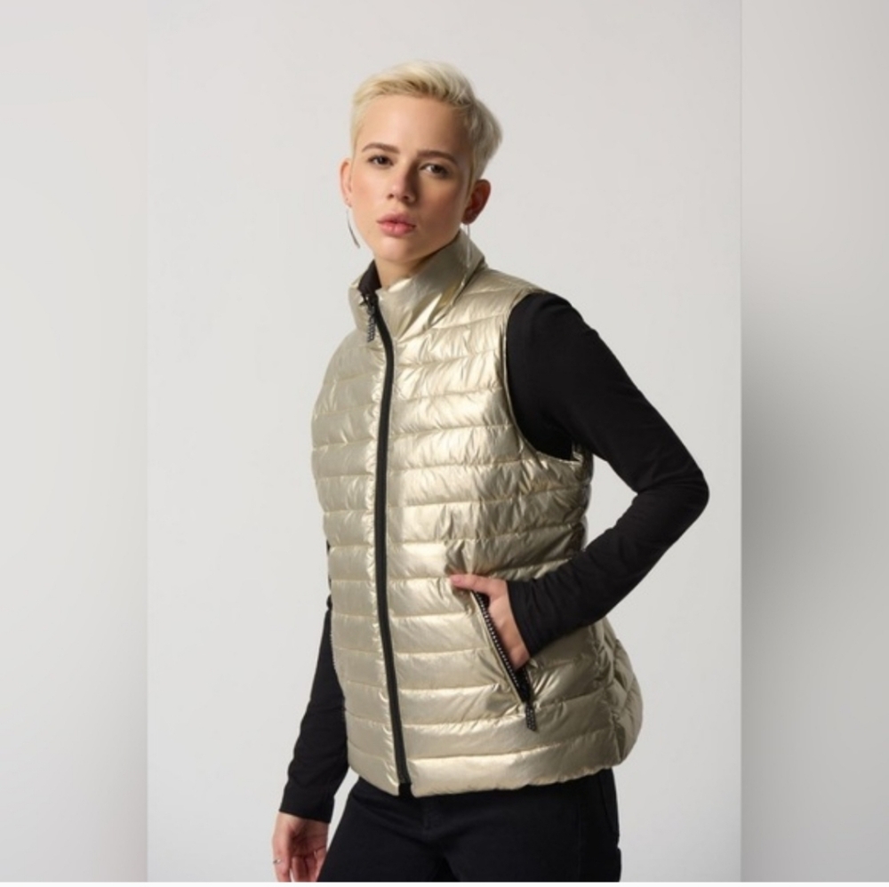 Joseph Ribkoff Champagne/Gold Metallic Puffer Vest With Rhinestone Accents Sz M